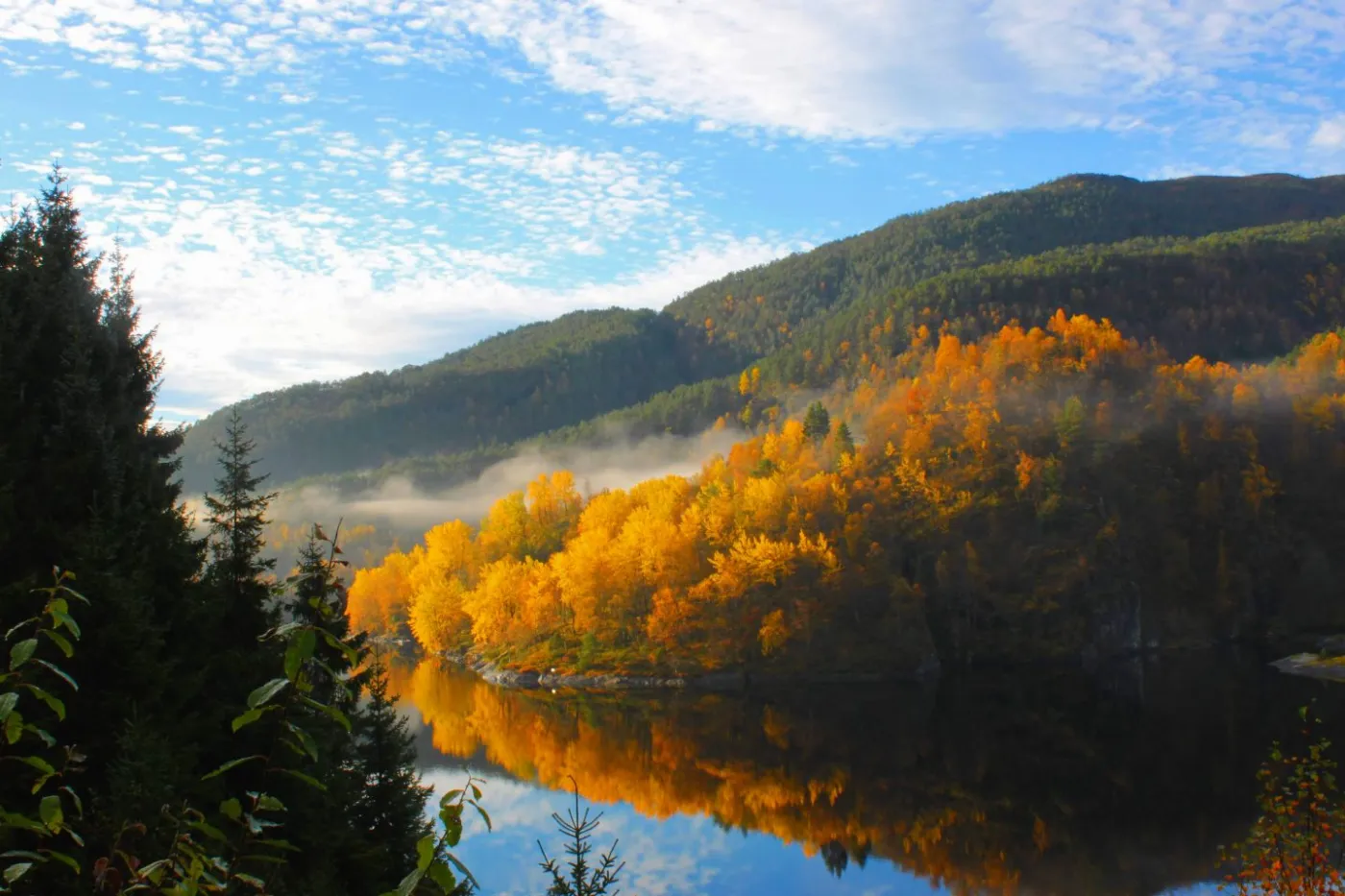 A mountain in autumn over a fjord
