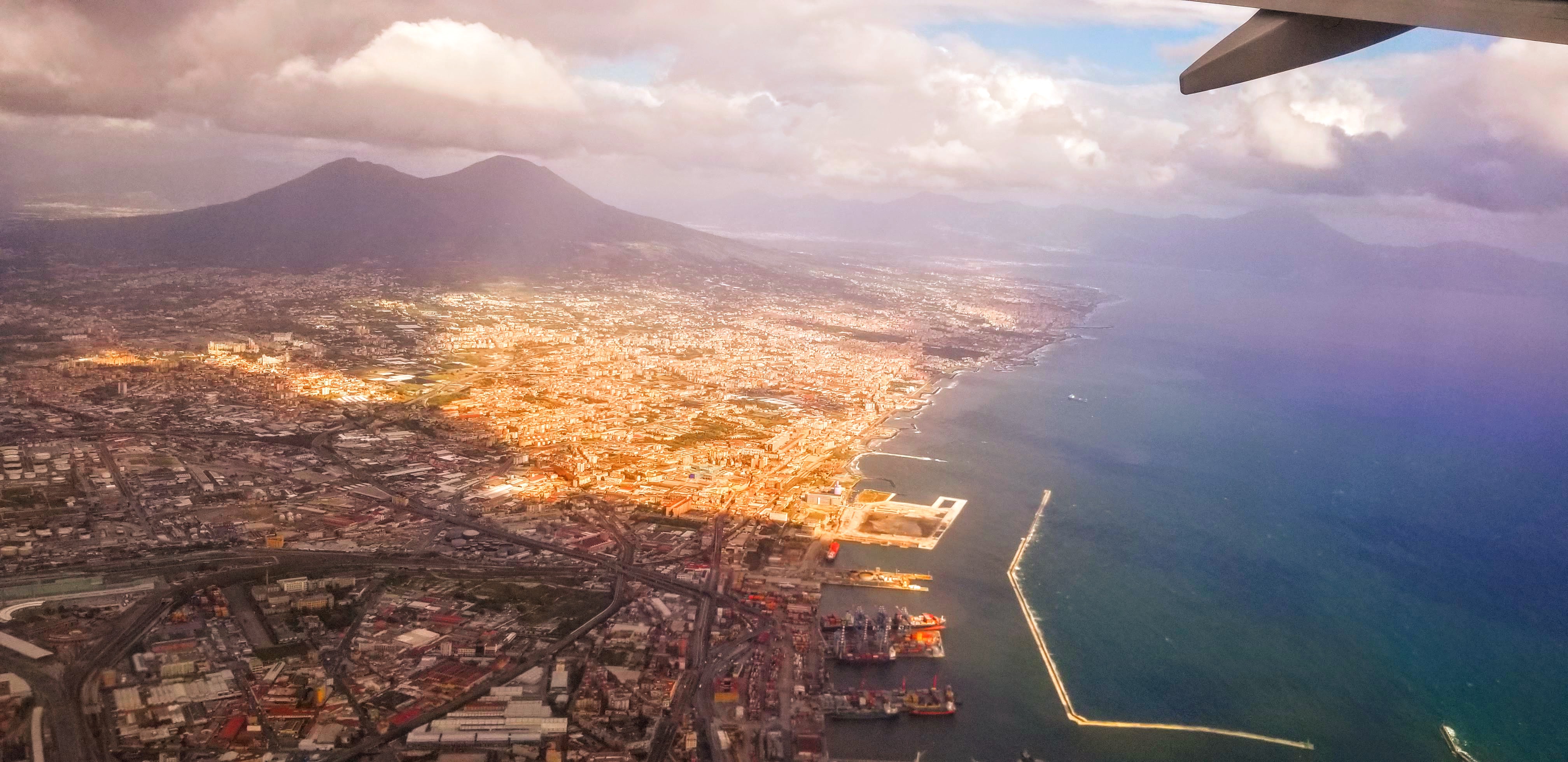 The city of Naples and Mount Vesuvius, photographed from the air.