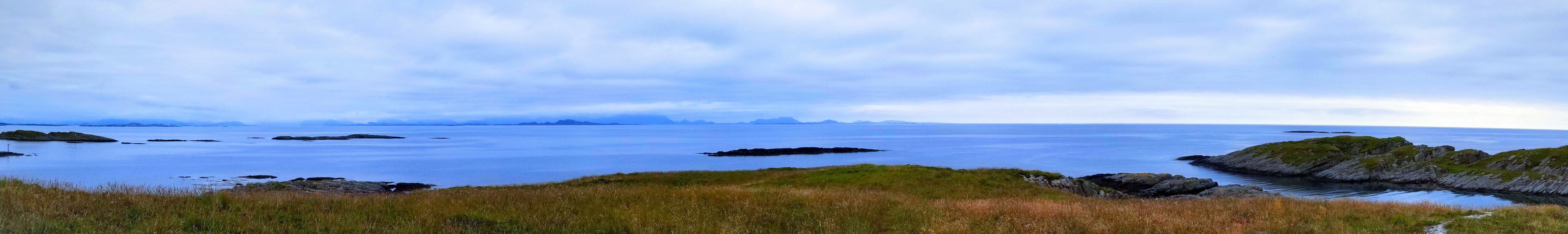 Panorama of a windswept island landscape in Norway.