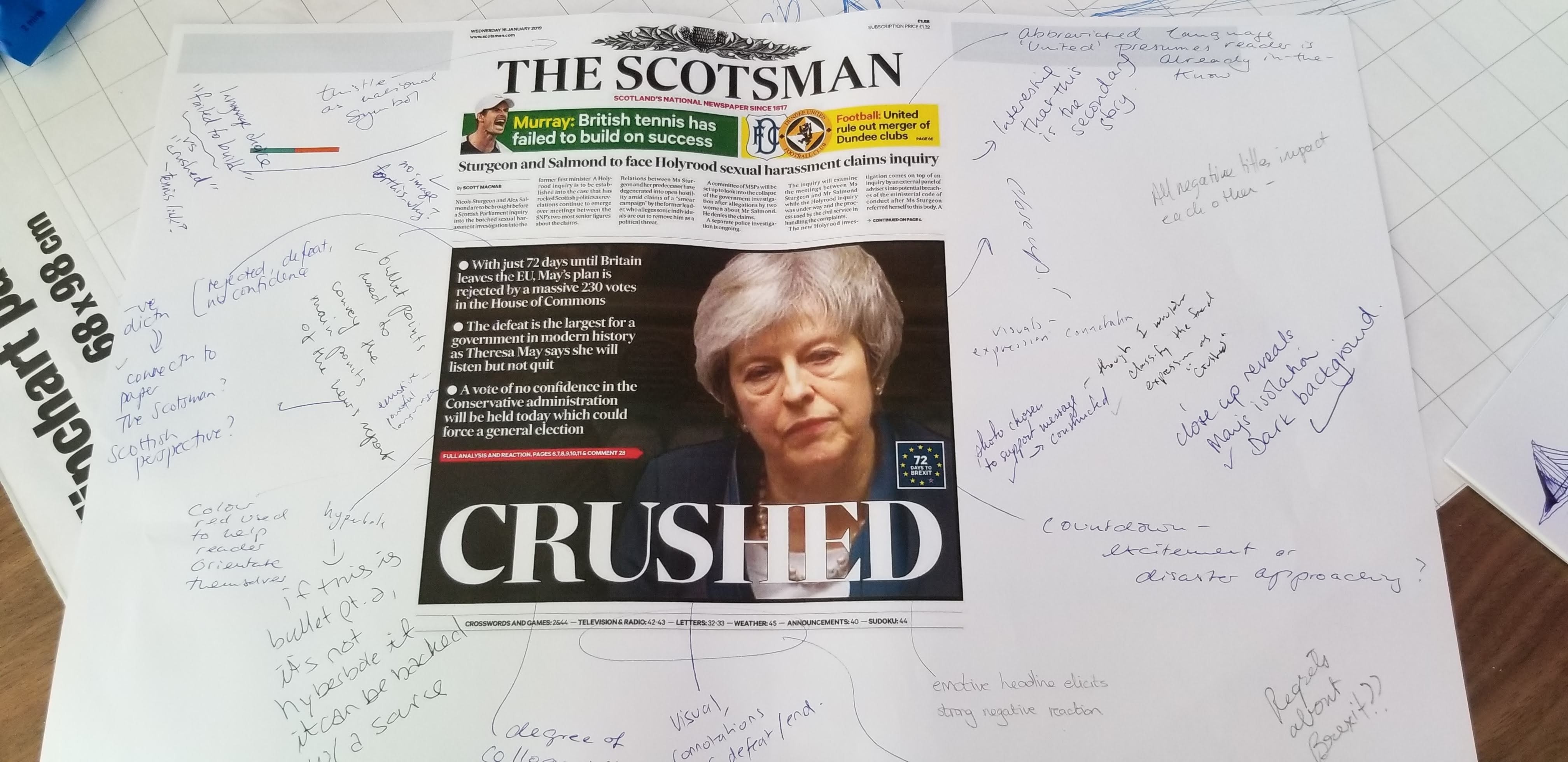 A tabloid newspaper front page of Theresa May annotated.