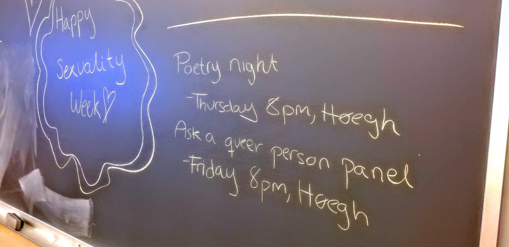 A blackboard listing upcoming events to discuss sexuality issues.
