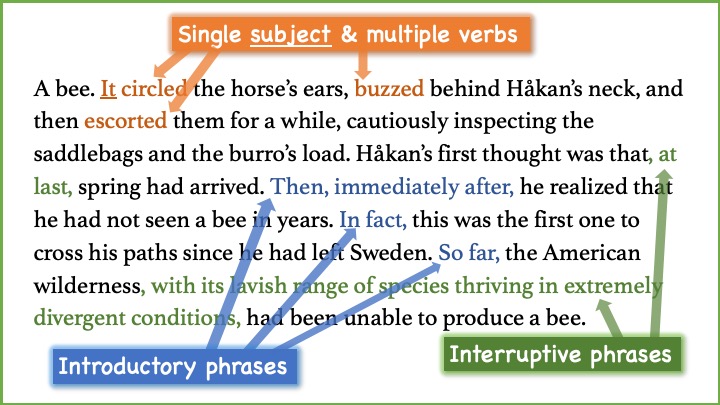 Excerpt from Hernán Díaz's novel In the Distance, with subjects, verbs, and phrases marked.