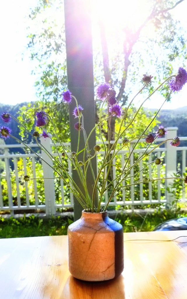 Photograph of a raku vase with purple flowers outside in the sun.