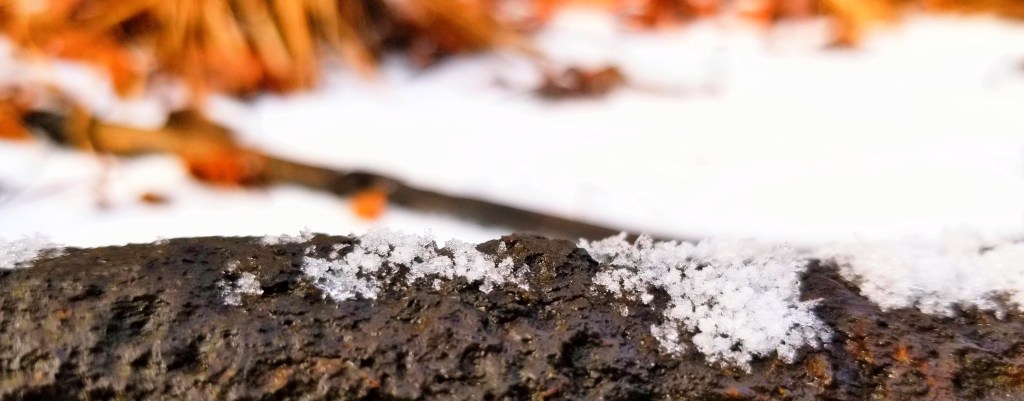 A close-up photograph of snow on a rock.