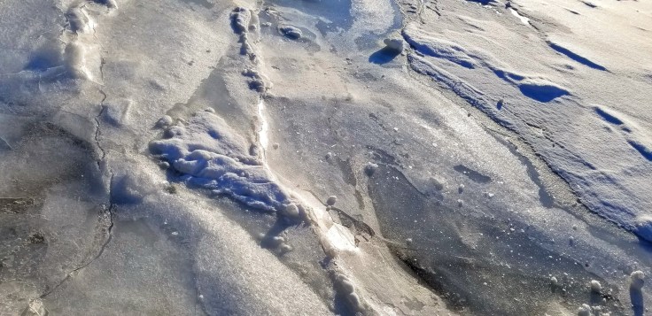 Photograph of cracked ice strewn with snow, catching sunlight.