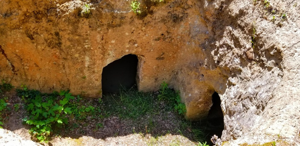 Photograph of an Etruscan necropolis cut into the rock.